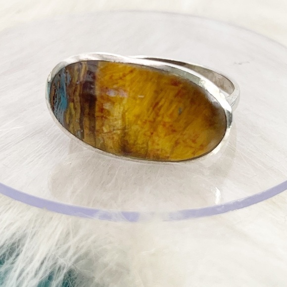 Tiger's Eye Ring Sterling Silver Size 8 Artisan Modern Sleek Open Bezel Design